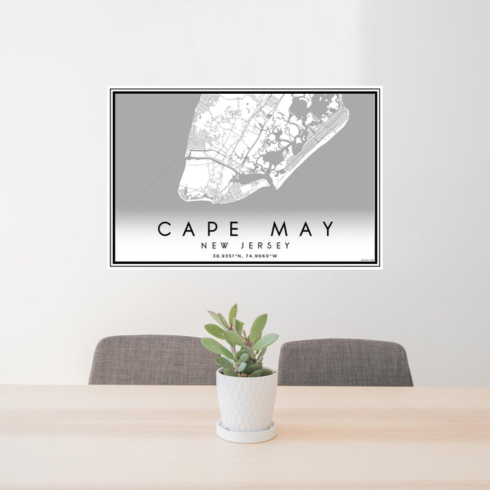 24x36 Cape May New Jersey Map Print Landscape Orientation in Classic Style Behind 2 Chairs Table and Potted Plant