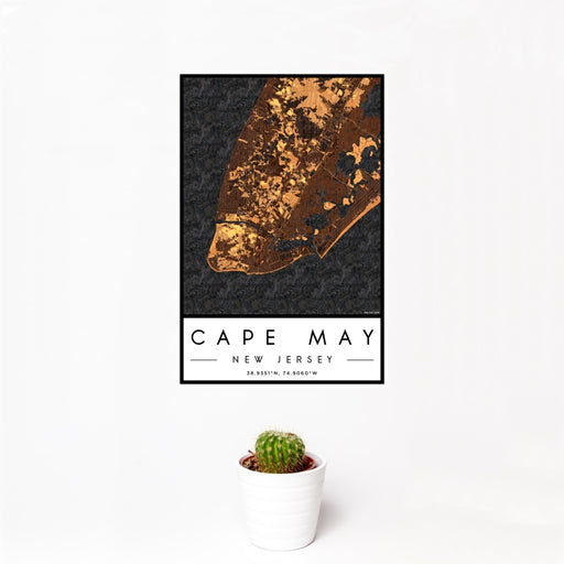12x18 Cape May New Jersey Map Print Portrait Orientation in Ember Style With Small Cactus Plant in White Planter