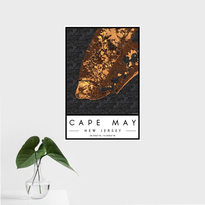 16x24 Cape May New Jersey Map Print Portrait Orientation in Ember Style With Tropical Plant Leaves in Water