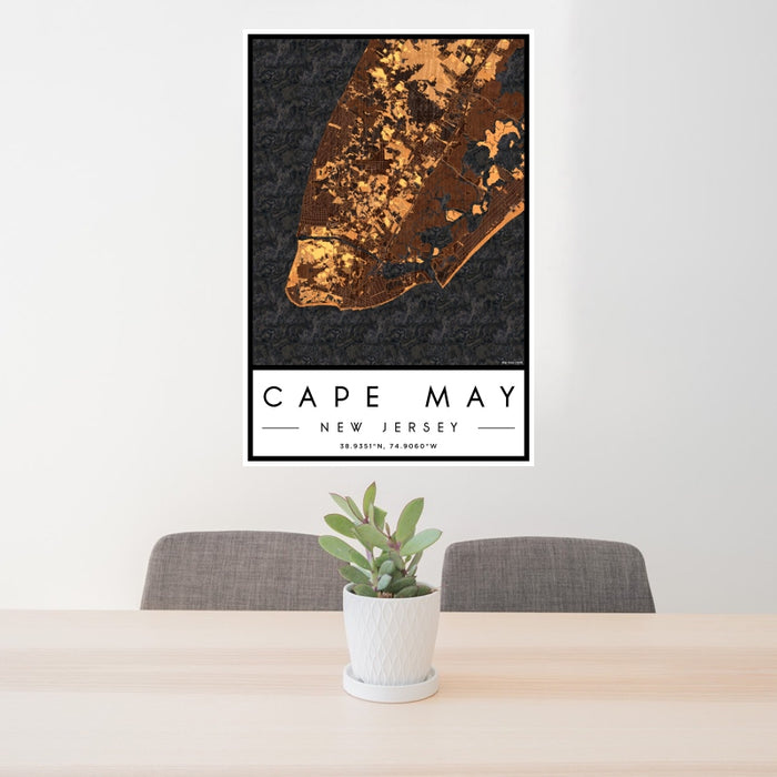 24x36 Cape May New Jersey Map Print Portrait Orientation in Ember Style Behind 2 Chairs Table and Potted Plant