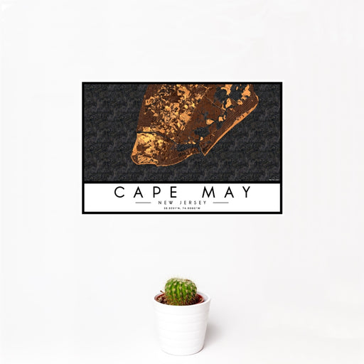 12x18 Cape May New Jersey Map Print Landscape Orientation in Ember Style With Small Cactus Plant in White Planter