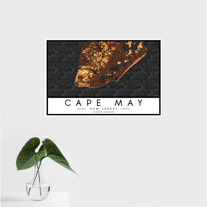 16x24 Cape May New Jersey Map Print Landscape Orientation in Ember Style With Tropical Plant Leaves in Water