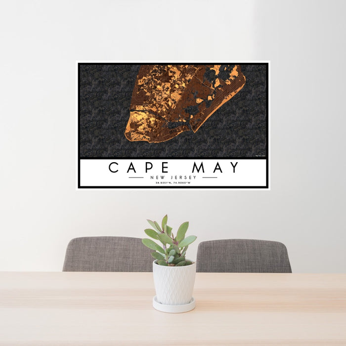 24x36 Cape May New Jersey Map Print Landscape Orientation in Ember Style Behind 2 Chairs Table and Potted Plant