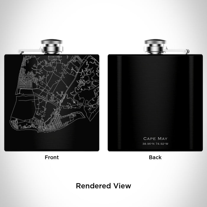 Rendered View of Cape May New Jersey Map Engraving on 6oz Stainless Steel Flask in Black