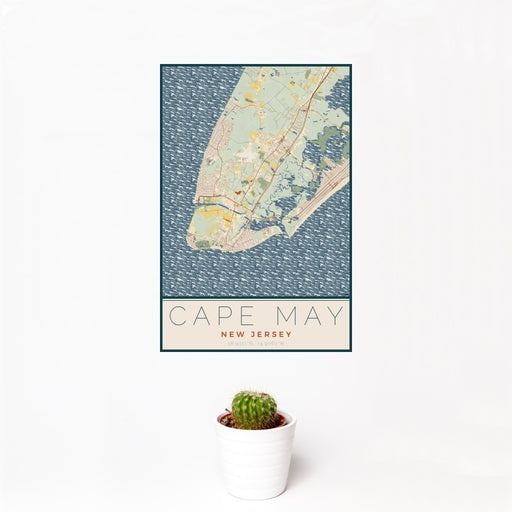 12x18 Cape May New Jersey Map Print Portrait Orientation in Woodblock Style With Small Cactus Plant in White Planter