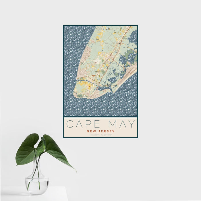 16x24 Cape May New Jersey Map Print Portrait Orientation in Woodblock Style With Tropical Plant Leaves in Water