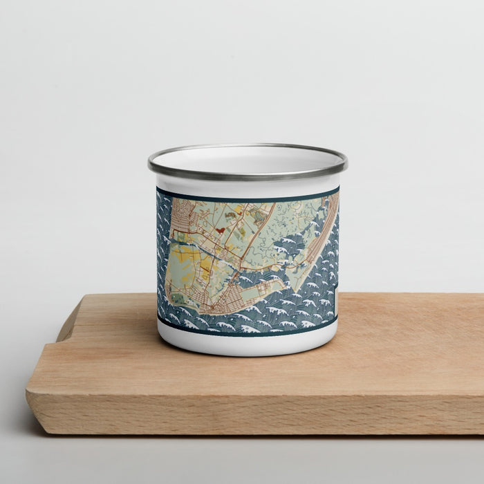 Front View Custom Cape May New Jersey Map Enamel Mug in Woodblock on Cutting Board