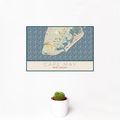 12x18 Cape May New Jersey Map Print Landscape Orientation in Woodblock Style With Small Cactus Plant in White Planter