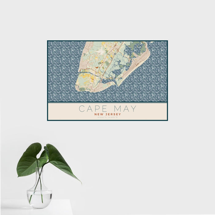 16x24 Cape May New Jersey Map Print Landscape Orientation in Woodblock Style With Tropical Plant Leaves in Water