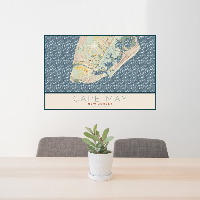24x36 Cape May New Jersey Map Print Landscape Orientation in Woodblock Style Behind 2 Chairs Table and Potted Plant