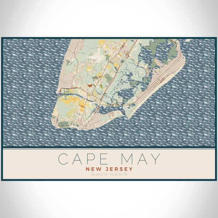 Cape May New Jersey Map Print Landscape Orientation in Woodblock Style With Shaded Background