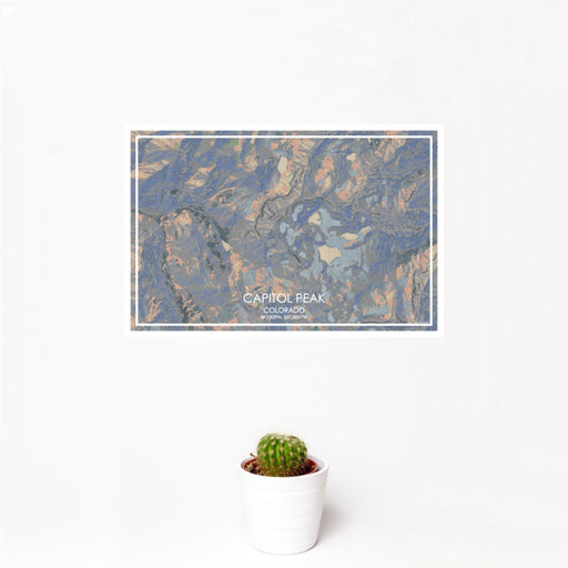 12x18 Capitol Peak Colorado Map Print Landscape Orientation in Afternoon Style With Small Cactus Plant in White Planter
