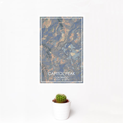 12x18 Capitol Peak Colorado Map Print Portrait Orientation in Afternoon Style With Small Cactus Plant in White Planter