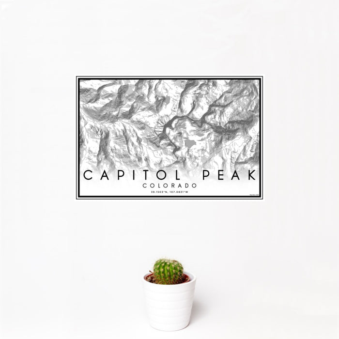 12x18 Capitol Peak Colorado Map Print Landscape Orientation in Classic Style With Small Cactus Plant in White Planter