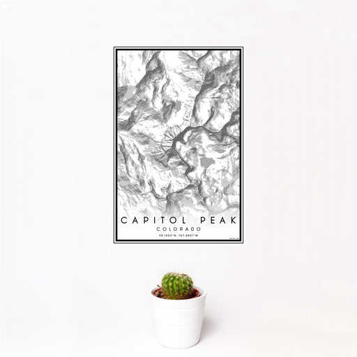 12x18 Capitol Peak Colorado Map Print Portrait Orientation in Classic Style With Small Cactus Plant in White Planter