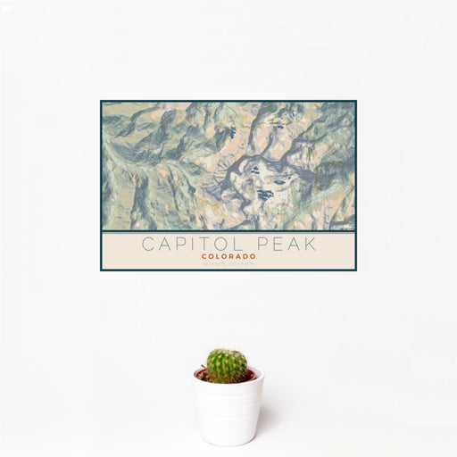 12x18 Capitol Peak Colorado Map Print Landscape Orientation in Woodblock Style With Small Cactus Plant in White Planter