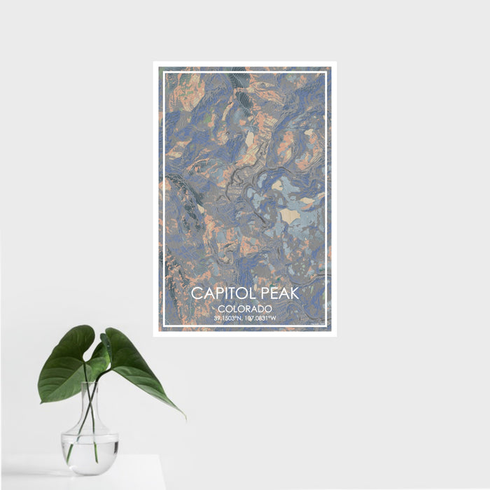 16x24 Capitol Peak Colorado Map Print Portrait Orientation in Afternoon Style With Tropical Plant Leaves in Water