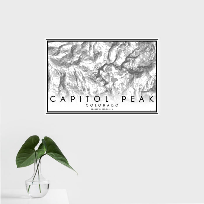 16x24 Capitol Peak Colorado Map Print Landscape Orientation in Classic Style With Tropical Plant Leaves in Water
