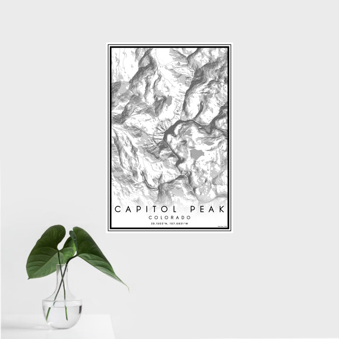 16x24 Capitol Peak Colorado Map Print Portrait Orientation in Classic Style With Tropical Plant Leaves in Water