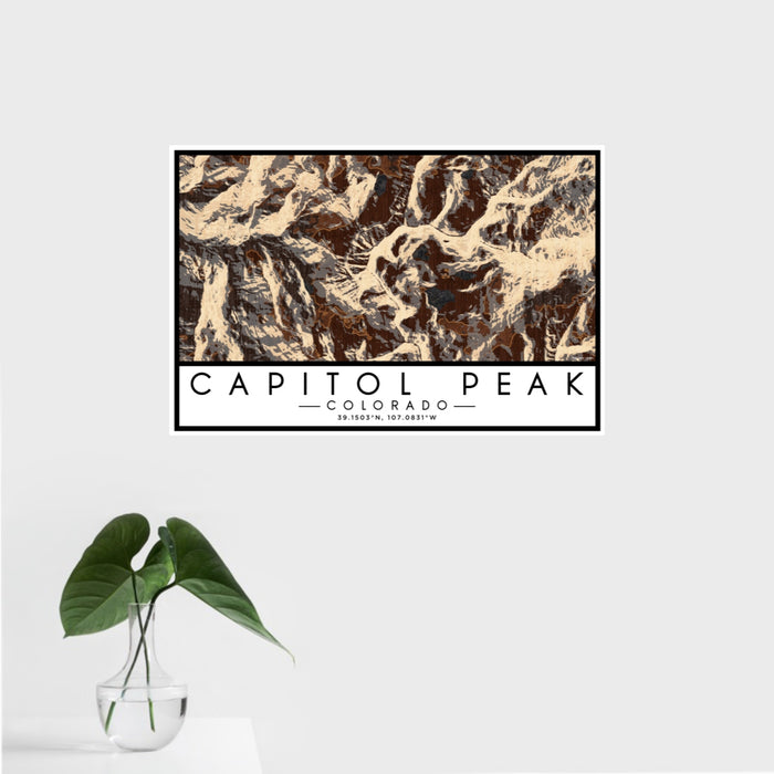 16x24 Capitol Peak Colorado Map Print Landscape Orientation in Ember Style With Tropical Plant Leaves in Water