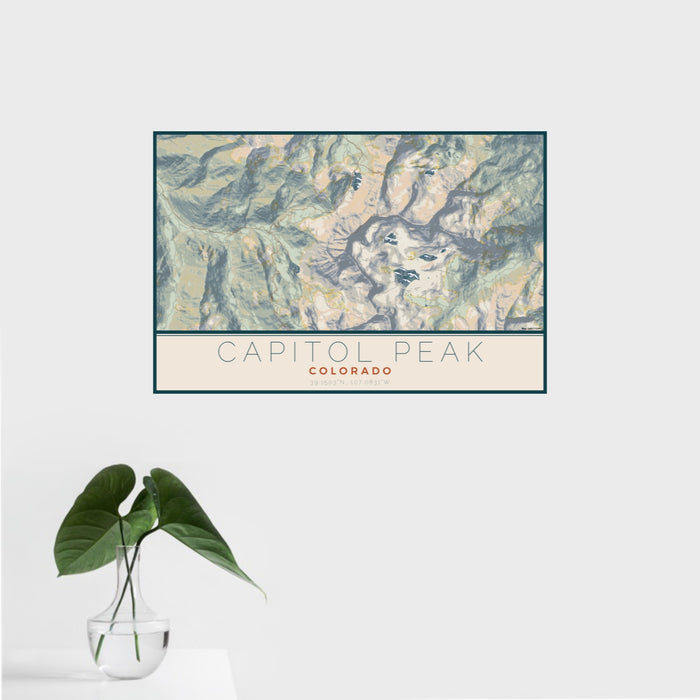 16x24 Capitol Peak Colorado Map Print Landscape Orientation in Woodblock Style With Tropical Plant Leaves in Water