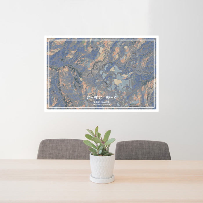 24x36 Capitol Peak Colorado Map Print Lanscape Orientation in Afternoon Style Behind 2 Chairs Table and Potted Plant
