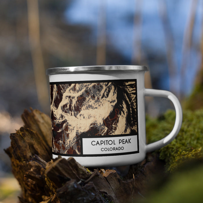 Right View Custom Capitol Peak Colorado Map Enamel Mug in Ember on Grass With Trees in Background