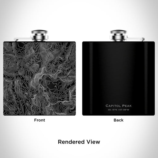 Rendered View of Capitol Peak Colorado Map Engraving on 6oz Stainless Steel Flask in Black