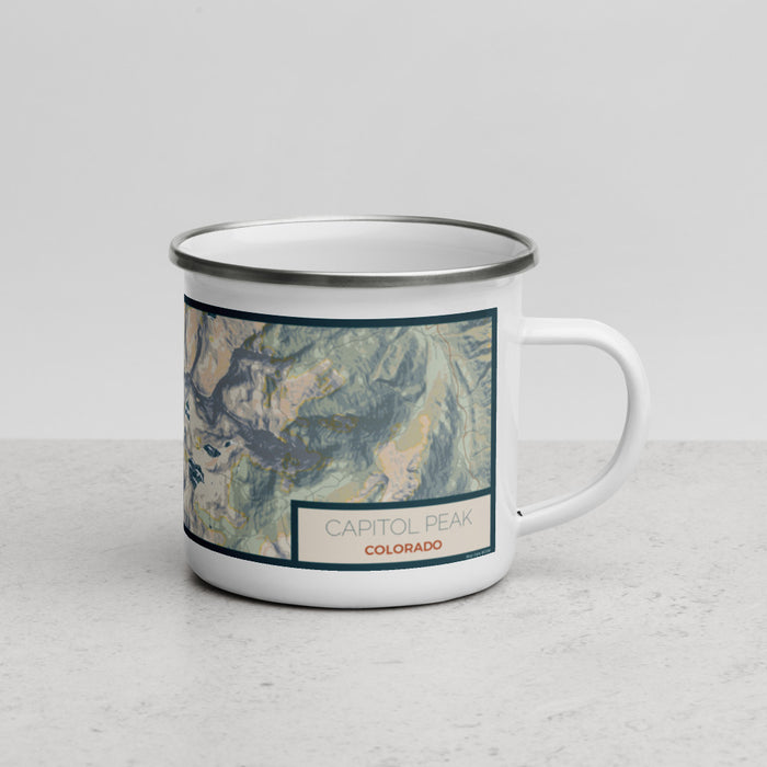 Right View Custom Capitol Peak Colorado Map Enamel Mug in Woodblock