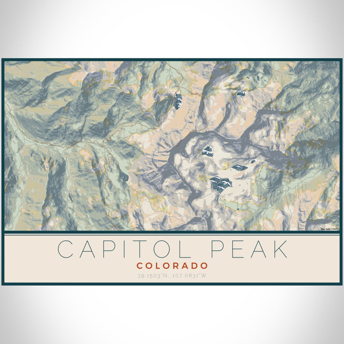 Capitol Peak Colorado Map Print Landscape Orientation in Woodblock Style With Shaded Background