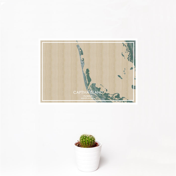 12x18 Captiva Island Florida Map Print Landscape Orientation in Afternoon Style With Small Cactus Plant in White Planter