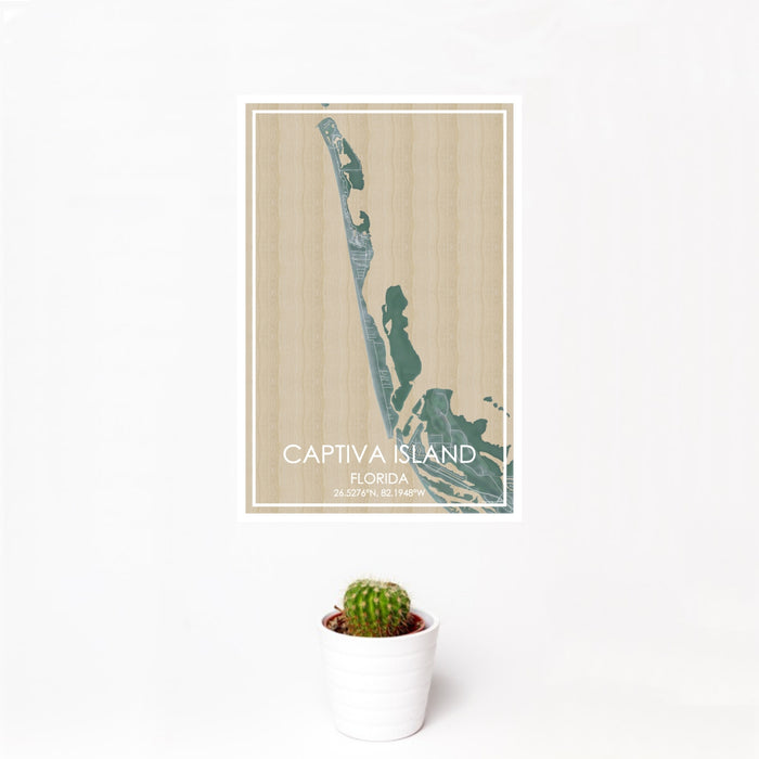 12x18 Captiva Island Florida Map Print Portrait Orientation in Afternoon Style With Small Cactus Plant in White Planter