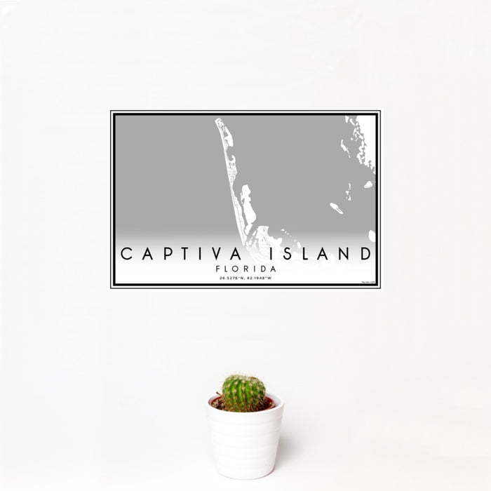 12x18 Captiva Island Florida Map Print Landscape Orientation in Classic Style With Small Cactus Plant in White Planter