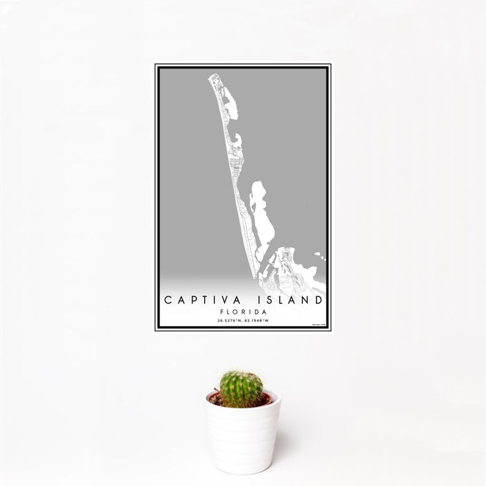 12x18 Captiva Island Florida Map Print Portrait Orientation in Classic Style With Small Cactus Plant in White Planter