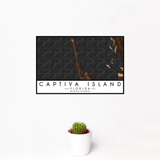 12x18 Captiva Island Florida Map Print Landscape Orientation in Ember Style With Small Cactus Plant in White Planter