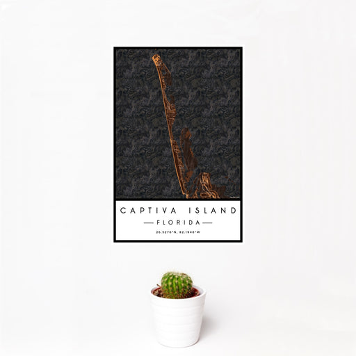 12x18 Captiva Island Florida Map Print Portrait Orientation in Ember Style With Small Cactus Plant in White Planter