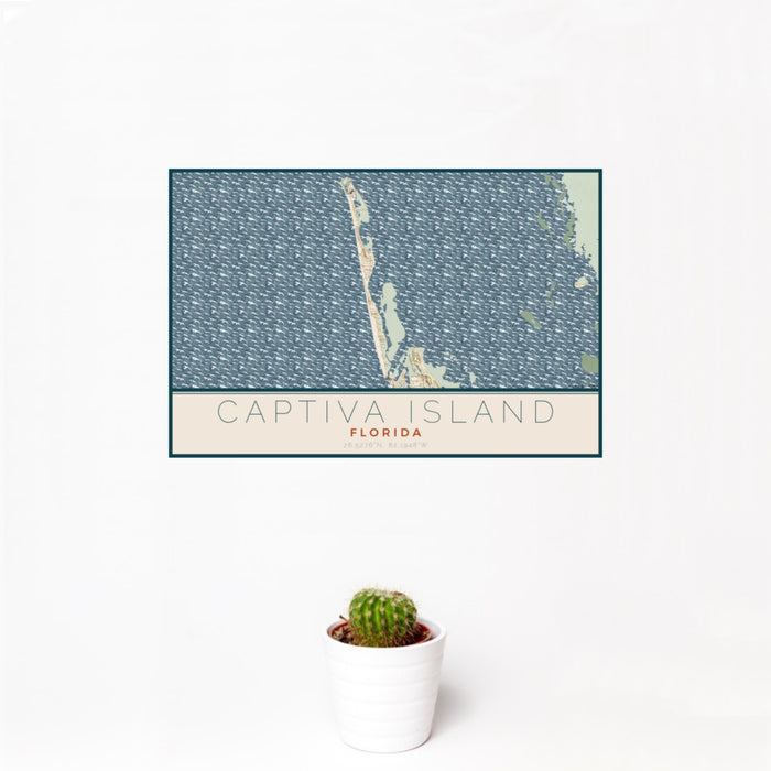 12x18 Captiva Island Florida Map Print Landscape Orientation in Woodblock Style With Small Cactus Plant in White Planter