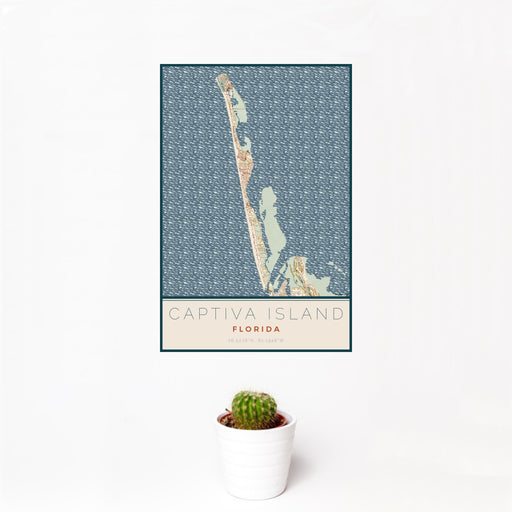 12x18 Captiva Island Florida Map Print Portrait Orientation in Woodblock Style With Small Cactus Plant in White Planter