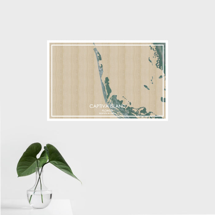 16x24 Captiva Island Florida Map Print Landscape Orientation in Afternoon Style With Tropical Plant Leaves in Water