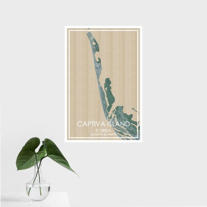 16x24 Captiva Island Florida Map Print Portrait Orientation in Afternoon Style With Tropical Plant Leaves in Water