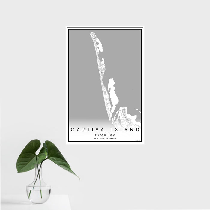 16x24 Captiva Island Florida Map Print Portrait Orientation in Classic Style With Tropical Plant Leaves in Water