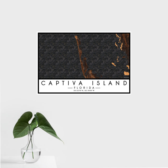 16x24 Captiva Island Florida Map Print Landscape Orientation in Ember Style With Tropical Plant Leaves in Water
