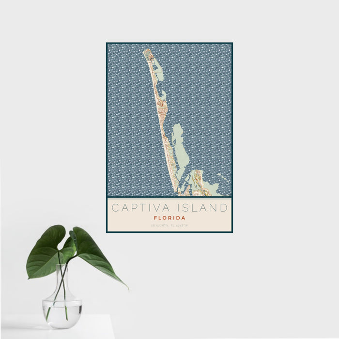 16x24 Captiva Island Florida Map Print Portrait Orientation in Woodblock Style With Tropical Plant Leaves in Water