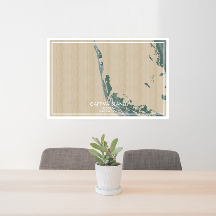 24x36 Captiva Island Florida Map Print Lanscape Orientation in Afternoon Style Behind 2 Chairs Table and Potted Plant