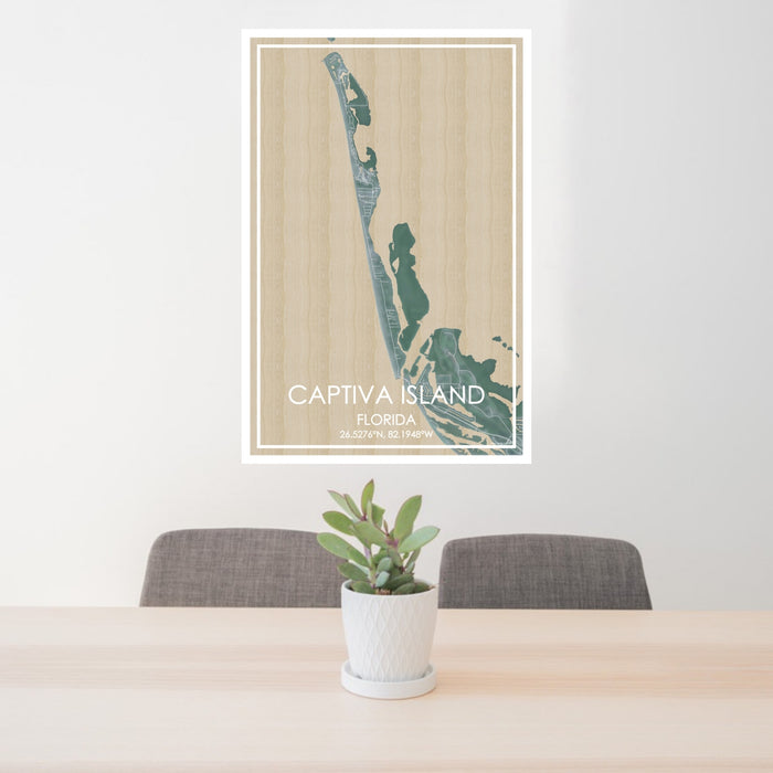 24x36 Captiva Island Florida Map Print Portrait Orientation in Afternoon Style Behind 2 Chairs Table and Potted Plant