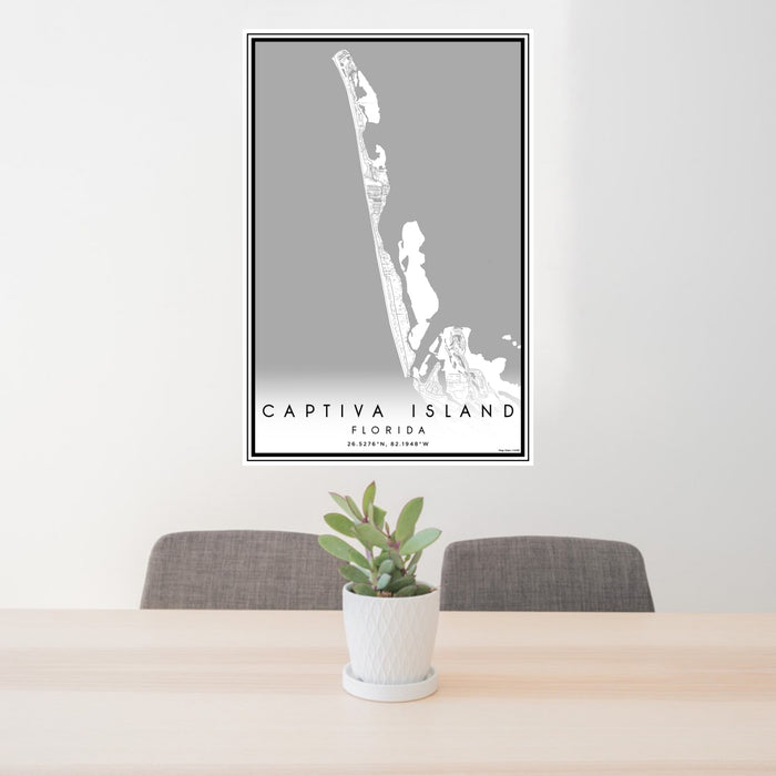 24x36 Captiva Island Florida Map Print Portrait Orientation in Classic Style Behind 2 Chairs Table and Potted Plant