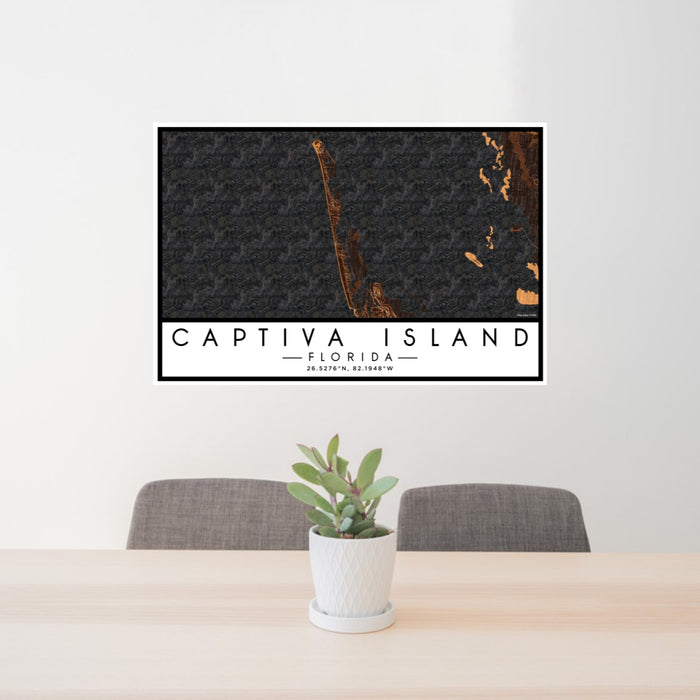 24x36 Captiva Island Florida Map Print Lanscape Orientation in Ember Style Behind 2 Chairs Table and Potted Plant