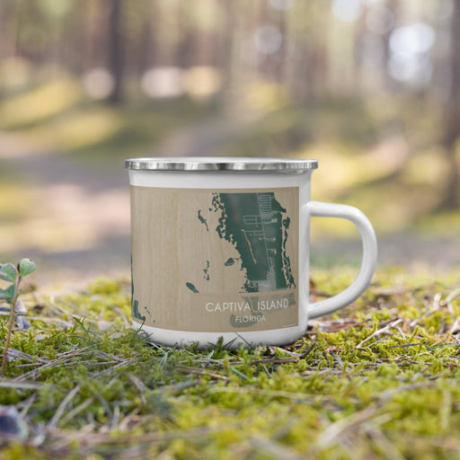 Right View Custom Captiva Island Florida Map Enamel Mug in Afternoon on Grass With Trees in Background