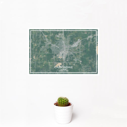 12x18 Carbondale Illinois Map Print Landscape Orientation in Afternoon Style With Small Cactus Plant in White Planter