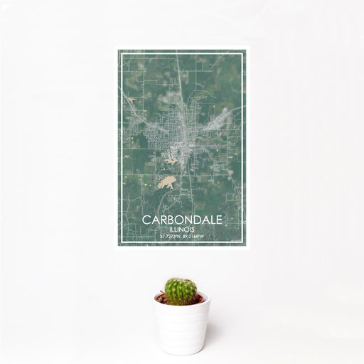 12x18 Carbondale Illinois Map Print Portrait Orientation in Afternoon Style With Small Cactus Plant in White Planter